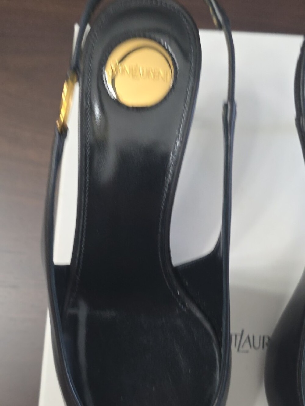Saint Laurent Black Leather Pointed Slingback Pumps with Gold Accents - Picture 7 of 16